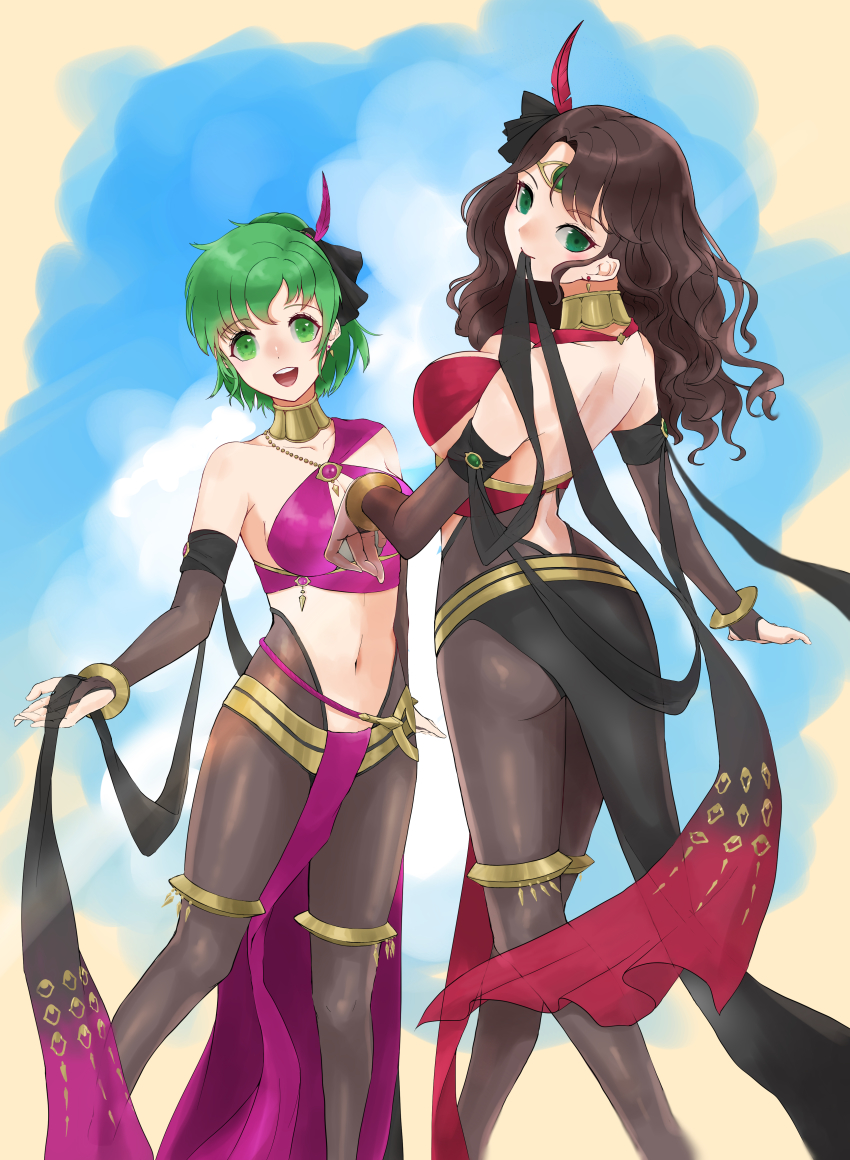 2girls, :d, absurdres, bare_shoulders, black_legwear, breasts, brown_hair, commentary_request, dorothea_arnault, dorothea_arnault_(plegian), feet_out_of_frame, fire_emblem, fire_emblem:_genealogy_of_the_holy_war, fire_emblem:_three_houses, fire_emblem_heroes, green_eyes, green_hair, highres, jewelry, large_breasts, lene_(fire_emblem), lene_(plegian)_(fire_emblem), long_hair, looking_at_viewer, miran_(olivine_20), mouth_hold, multiple_girls, navel, nintendo, official_alternate_costume, open_mouth, pantyhose, pelvic_curtain, short_hair, smile, standing, stomach, thighlet