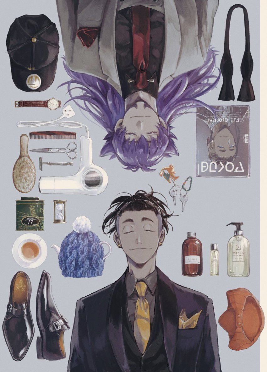 2boys, alternate_costume, baseball_cap, black_hair, bottle, brush, can, closed_eyes