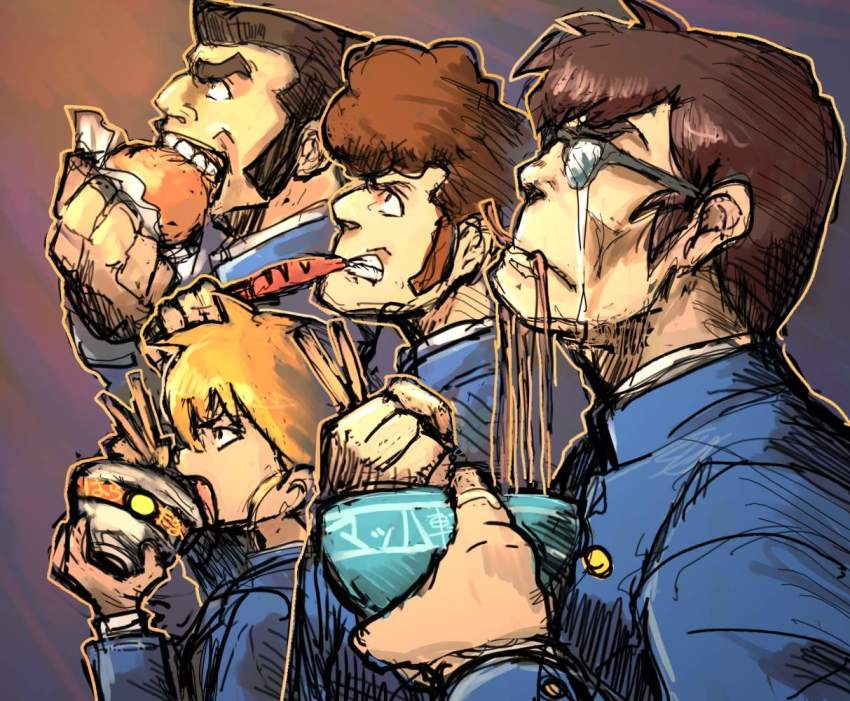 4boys, chibi_(urusei_yatsura), clenched_teeth, eating, food, food_focus, from_side, glasses