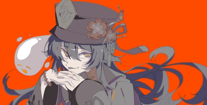 1girl, :d, black_dress, black_hair, black_hat, black_nails, blurry, blurry_background, commentary, dress, english_commentary, flower, genshin_impact, ghost, hamha_s, hat, hat_flower, hu_tao_(genshin_impact), interlocked_fingers, long_hair, looking_at_viewer, muted_color, nail_polish, open_mouth, plum_blossoms, red_background, red_eyes, red_flower, simple_background, smile, smirk, solo, tongue, tongue_out, upper_body, |_|