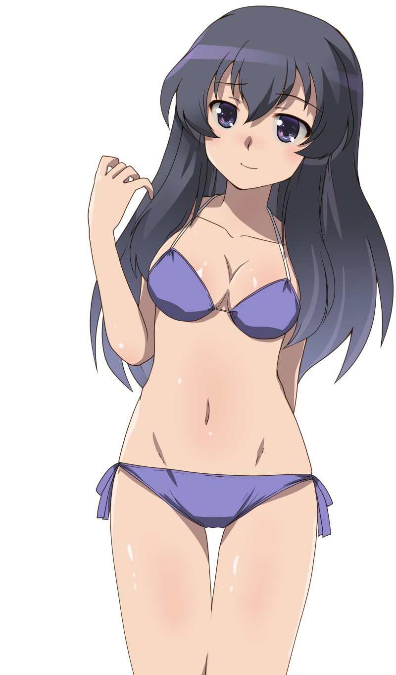 1girl, arm_behind_back, bikini, black_hair, blue_eyes, breasts, cleavage, closed_mouth