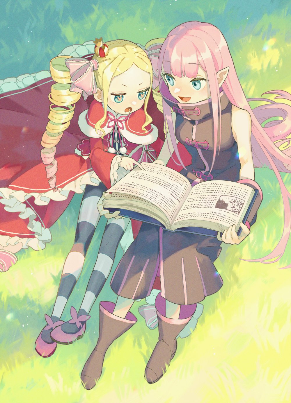 2girls, aged_up, alternate_universe, beatrice_(re:zero), blonde_hair, blue_eyes, book, boots