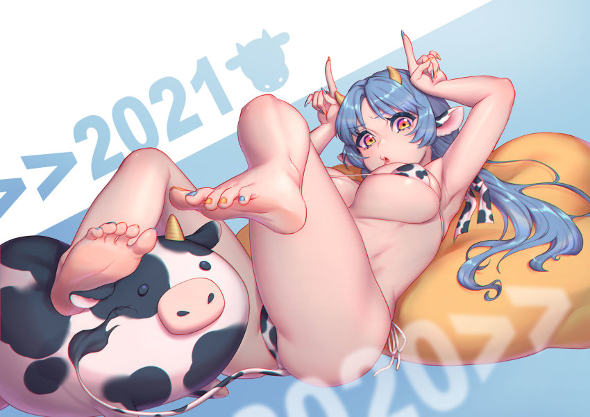 1girl, 2021, animal_ears, animal_print, armpits, bare_legs, barefoot, bean_bag_chair