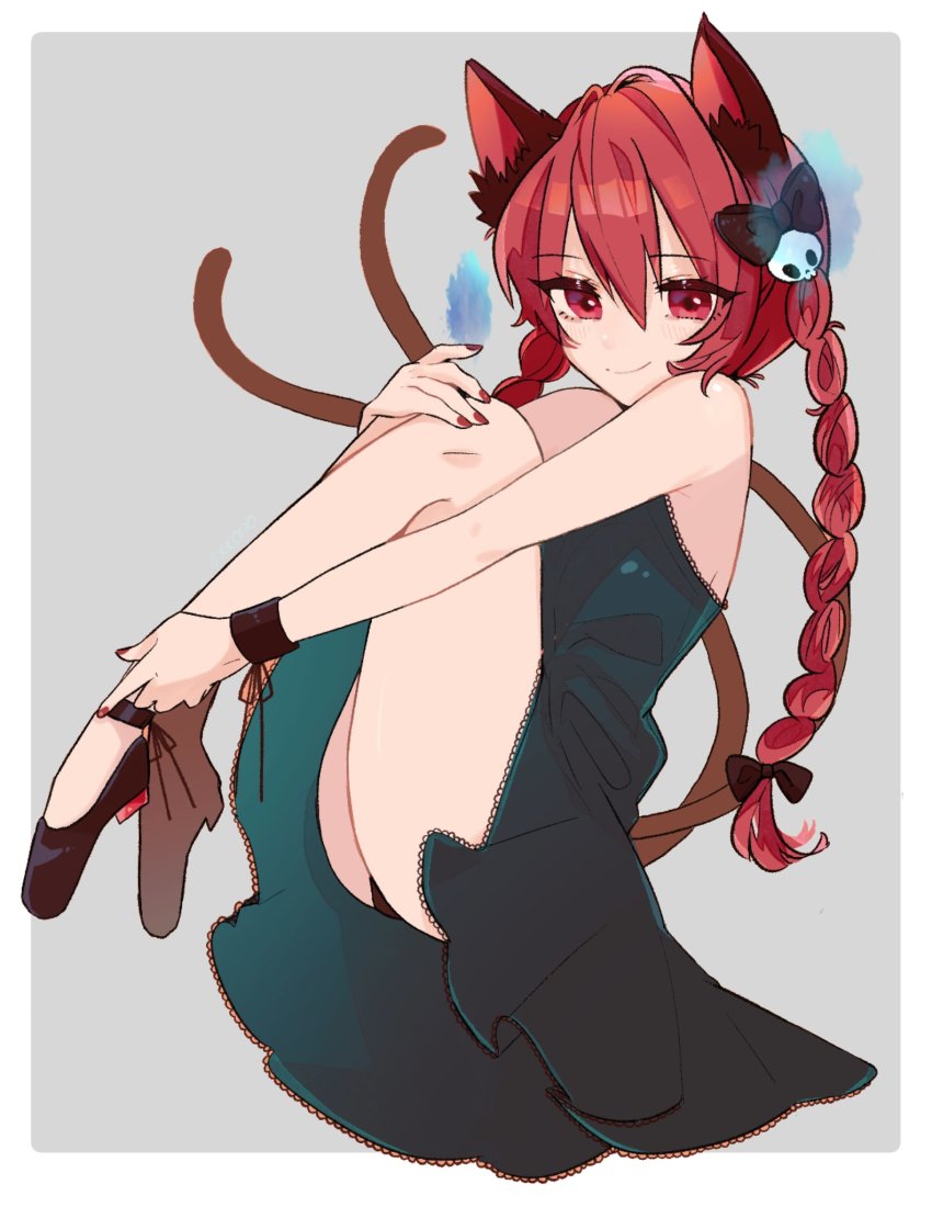1girl, animal_ears, bare_arms, bare_legs, bare_shoulders, black_panties, braid, cat_ears