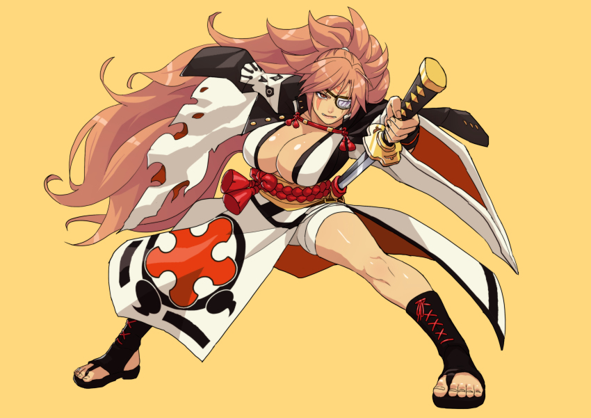 absurdres, amputee, angry, baiken, breasts, cirenk, eyepatch, facial_tattoo, guilty_gear, guilty_gear_xrd, highres, jacket, long_hair, no_arms, one-eyed, one_arm, pink_hair, red_eyes, samurai, sandals, sheathing, tattoo, toeless_footwear, very_long_hair
