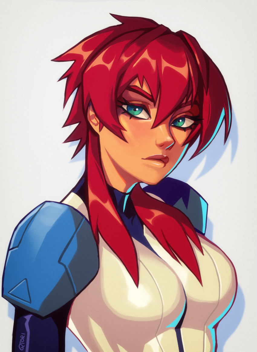 1girl, absurdres, bodysuit, breasts, cartoon_network, commentary, dark-skinned_female, dark_skin, english_commentary, green_eyes, hair_over_shoulder, highres, kiva, lips, looking_at_viewer, medium_breasts, medium_hair, megas_xlr, multicolored_bodysuit, nose, qtori, red_hair, shoulder_pads, skin_tight, solo