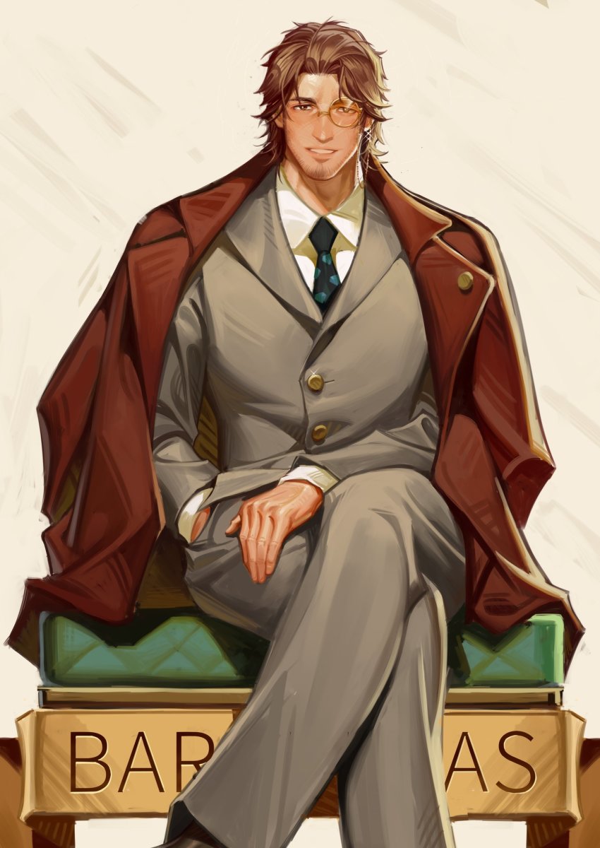 1boy, belmond_banderas, black_necktie, brown_background, brown_eyes, brown_hair, brown_jacket, collared_shirt