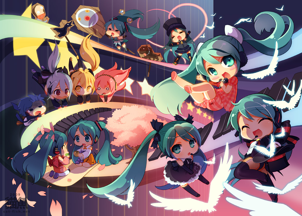 1boy, 6+girls, akita_neru, bird, chibi, hatsune_miku, hatsune_miku_(gothic_module), hatsune_miku_(magician)