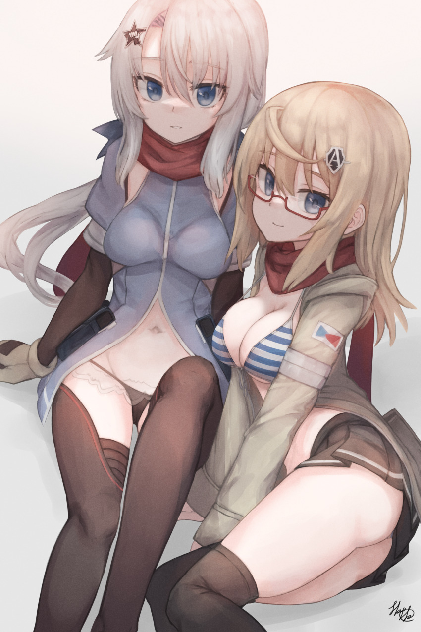 2girls, 9a-91_(girls'_frontline), absurdres, ahoge, as_val_(girls'_frontline), ass, bikini, black_legwear, blonde_hair, blue_eyes, breasts, cleavage, girls'_frontline, glasses, gloves, hair_between_eyes, hair_ornament, highres, jacket, long_hair, looking_at_viewer, medium_breasts, multiple_girls, navel, origumi, panties, pleated_skirt, red_scarf, scarf, silver_hair, sitting, skirt, smile, star_(symbol), star_hair_ornament, striped_bikini, striped_clothes, swimsuit, thighhighs, thighs, underwear