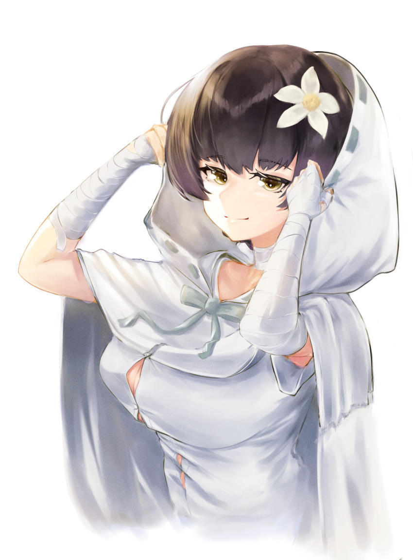 1girl, absurdres, bandaged_arm, bandages, breasts, brown_hair, button_gap, cleavage, cloak, dress, flower, girls'_frontline, hair_flower, hair_ornament, highres, hood, hooded_cloak, kimi_(hearty_yuuki), large_breasts, looking_at_viewer, machlian_(girls'_frontline), paradeus, short_hair, short_sleeves, smile, solo, white_background, white_cloak, white_dress, yellow_eyes