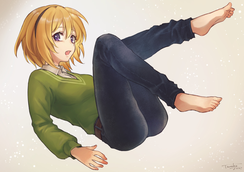 1girl, :o, absurdres, artist_name, barefoot, beige_background, belt, black_hairband