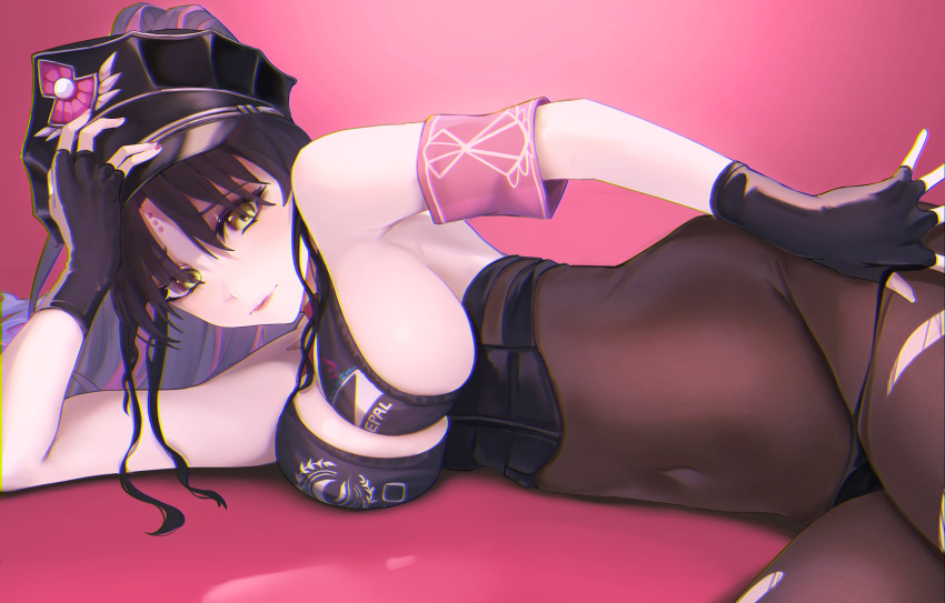 absurdres, arm_support, armband, black_hair, black_pantyhose, bodystocking, breasts, covered_navel