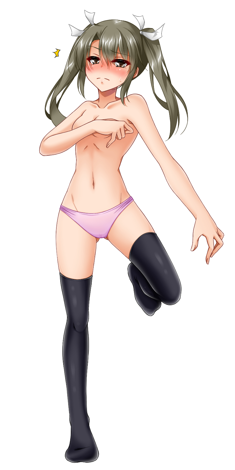 1girl, blush, collarbone, covering_privates, covering_breasts, dark_green_hair, green_eyes, highres