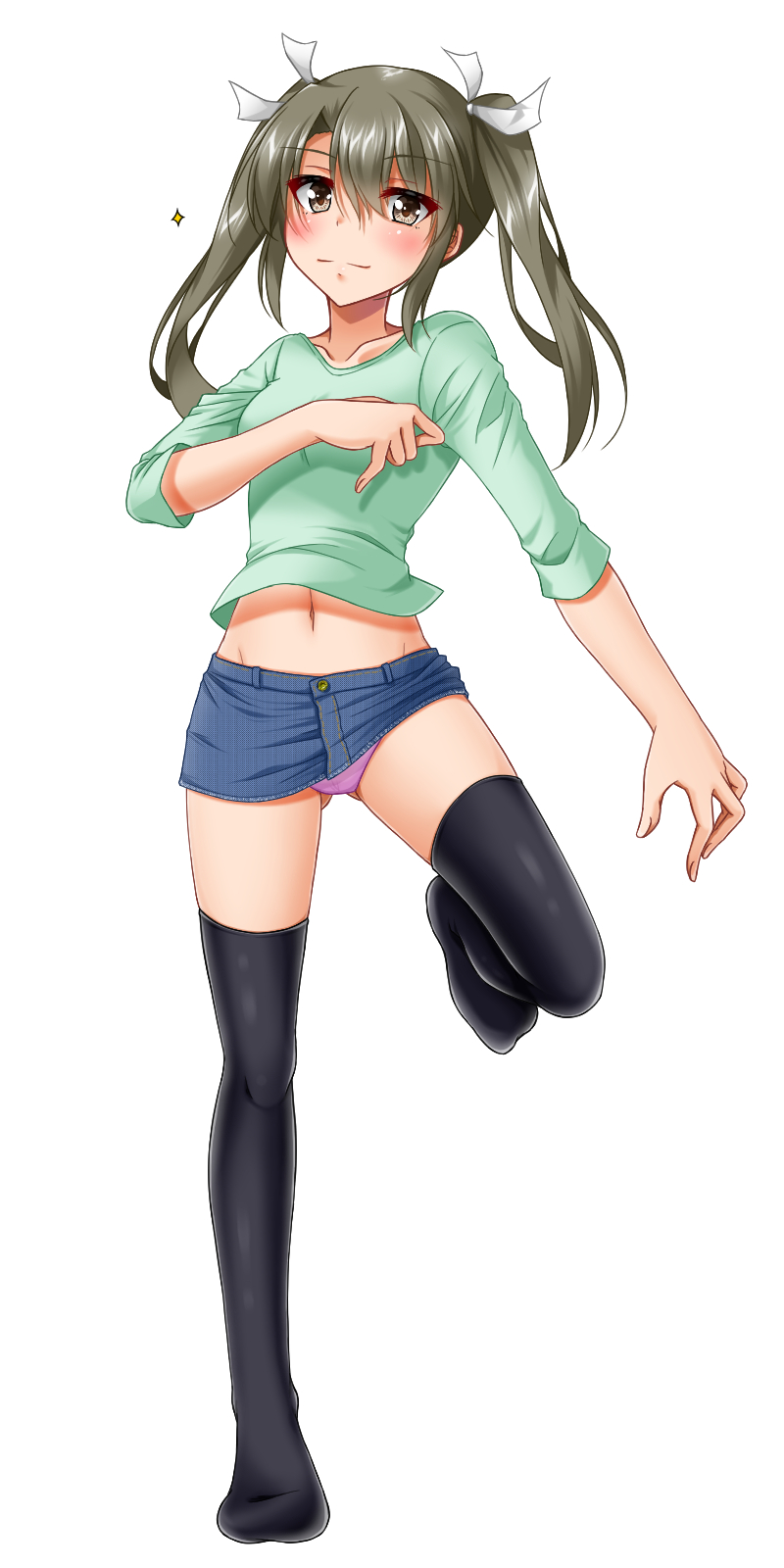 1girl, alternate_costume, blush, collarbone, denim, denim_skirt, green_hair, hair_ribbon