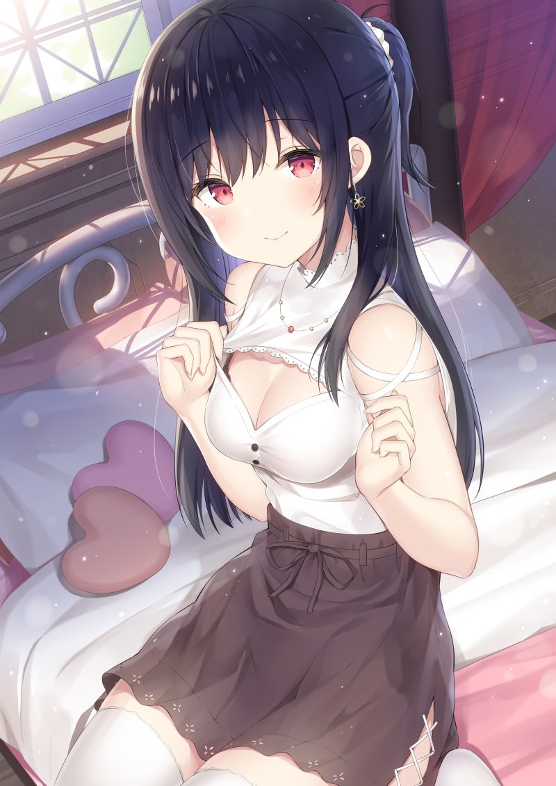 1girl, black_bra, black_hair, black_ribbon, blush, bra, breasts, cleavage, cleavage_cutout, closed_mouth, clothing_cutout, earrings, hatsuki_kaname, heart, heart-shaped_pillow, indoors, jewelry, long_hair, looking_at_viewer, medium_breasts, on_bed, original, pillow, ponytail, red_eyes, ribbon, shirt, shirt_tucked_in, short_ponytail, sitting, sleeveless, sleeveless_shirt, smile, solo, thighhighs, underwear, wariza, white_shirt, white_thighhighs, window, zettai_ryouiki