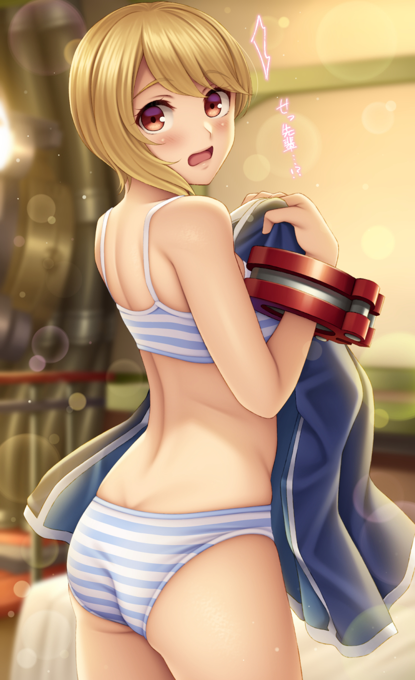 1girl, annette_koenig, ass, bare_arms, bare_shoulders, bed, blonde_hair, blue_jacket