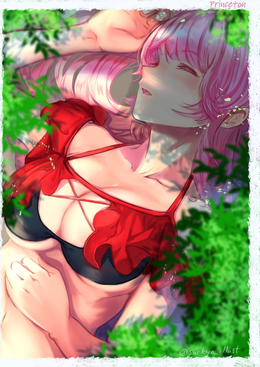 1girl, artist_name, azur_lane, bikini, bikini_top_only, black_bikini, breasts, character_name