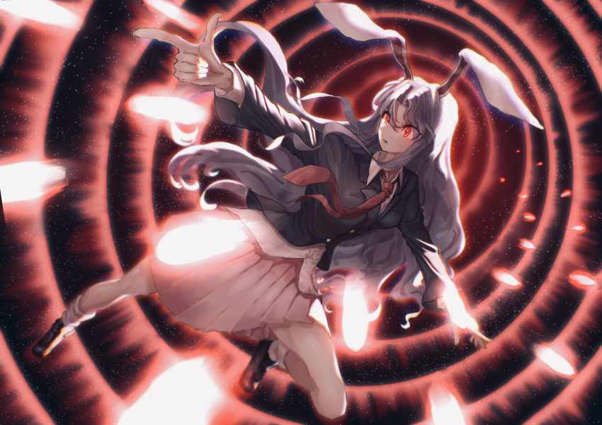 1girl, absurdres, action, aiming, animal_ears, backlighting, black_shoes, blazer, blurry, breasts, collared_jacket, collared_shirt, danmaku, depth_of_field, eyes_visible_through_hair, finger_gun, fingernails, footwear_request, glowing, glowing_eyes, hair_intakes, highres, jacket, knee_up, kneehighs, legs, light_trail, long_hair, long_sleeves, looking_afar, looking_to_the_side, loose_socks, luan_ib, medium_breasts, motion_blur, necktie, open_mouth, outstretched_arms, parted_bangs, pink_skirt, pleated_skirt, rabbit_ears, red_eyes, red_necktie, reisen_udongein_inaba, serious, shiny_clothes, shiny_skin, shirt, shoes, sidelocks, skirt, socks, solo, space, spell_card, thighs, touhou, untucked_shirt, very_long_hair, wavelengths, white_socks