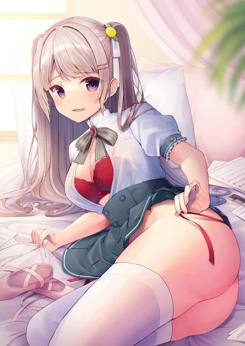 1girl, ass, blush, bra, breasts, cleavage, clothes_lift, commentary_request