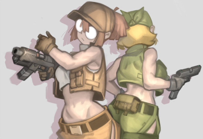 2girls, back, bandana, baseball_cap, belt, belt_buckle, blonde_hair, breasts