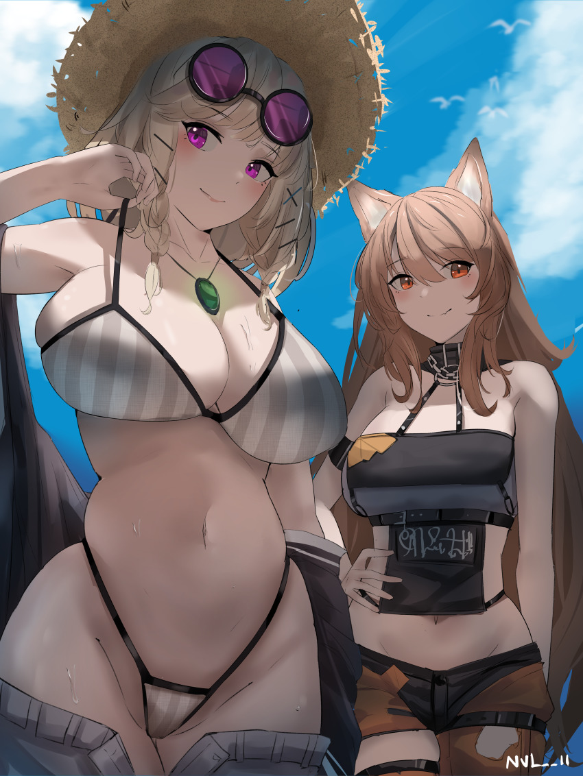 2girls, absurdres, animal_ears, arknights, bare_arms, bare_shoulders, bikini, blue_sky