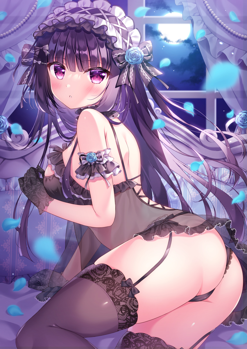1girl, absurdres, arched_back, arm_garter, ass, babydoll, bare_shoulders, black_gloves, black_panties, black_thighhighs, full_moon, garter_straps, gloves, headdress, highres, long_hair, looking_at_viewer, looking_back, moon, night, original, panties, parted_lips, petals, purple_eyes, purple_hair, see-through_clothes, shiono_(0303), solo, thighhighs, thighs, top_of_moe_2021, underwear, underwear_only, very_long_hair