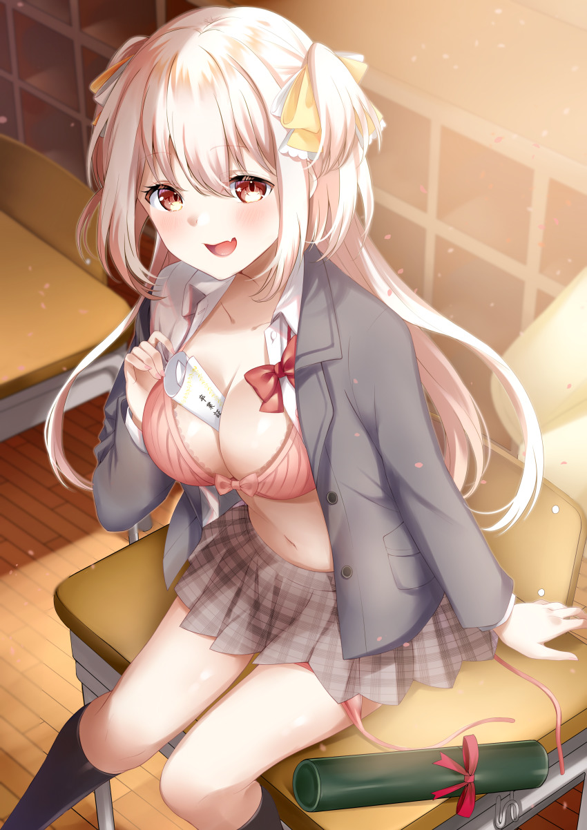 1girl, :d, absurdres, arm_support, between_breasts, black_socks, blazer, blush, bow, bow_bra, bowtie, bra, breasts, brown_skirt, chair, cleavage, collarbone, collared_shirt, commentary_request, desk, dress_shirt, fang, grey_jacket, hair_between_eyes, hair_bow, highres, indoors, jacket, kneehighs, large_breasts, long_hair, long_sleeves, looking_at_viewer, mashiro_aa, navel, on_desk, open_clothes, open_jacket, open_mouth, original, pink_bra, plaid_clothes, plaid_skirt, pleated_skirt, red_bow, red_bowtie, red_eyes, school_chair, school_desk, school_uniform, shirt, sitting, skirt, smile, socks, solo, top_of_moe_2021, tube, two_side_up, underwear, unmoving_pattern, very_long_hair, white_hair, white_shirt, wooden_floor, yellow_bow