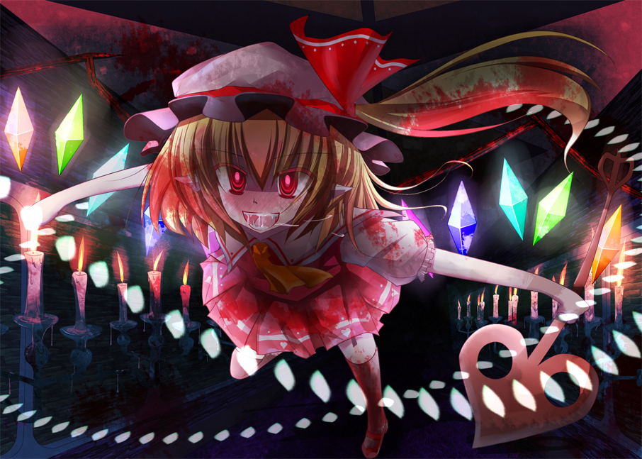 1girl, blonde_hair, blood, collared_shirt, female_focus, flandre_scarlet, hair_between_eyes, hat