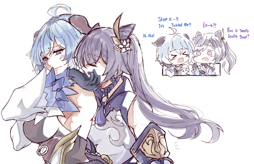 2girls, ahoge, animal_ears, bare_shoulders, bell, blue_hair, blush, breasts