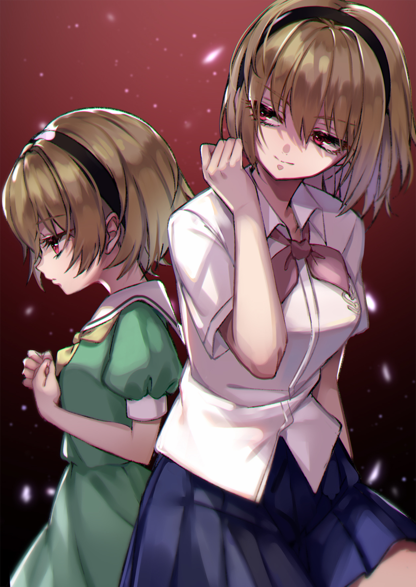 1girl, age_comparison, aged_up, blonde_hair, collared_shirt, dress, dual_persona, green_dress