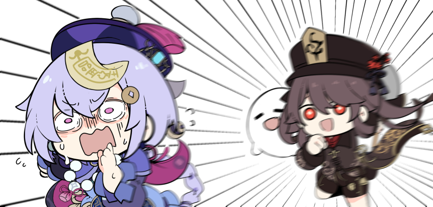 bead_necklace, beads, braid, braided_ponytail, brown_hair, chasing, cheschorv, chibi, fleeing, genshin_impact, ghost, hat, highres, hu_tao_(genshin_impact), jewelry, jiangshi, long_sleeves, motion_lines, necklace, open_mouth, purple_eyes, purple_hair, qiqi_(genshin_impact), red_eyes, scared, smile, sweatdrop, twintails, wavy_mouth, wide-eyed