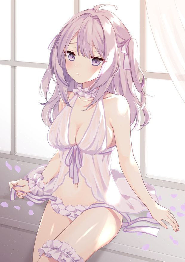 1girl, ahoge, babydoll, bare_arms, bare_shoulders, blush, breasts, cleavage