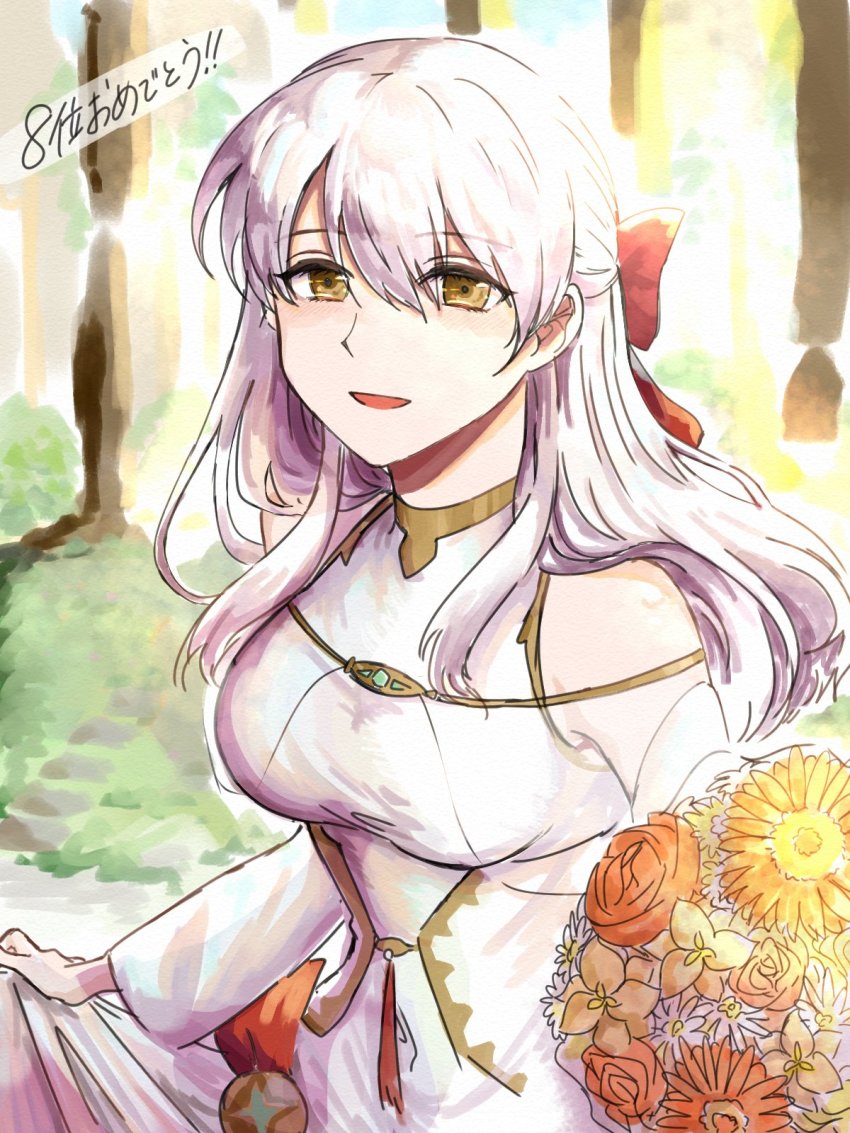 1girl, bare_shoulders, bloom, bouquet, bride, dress, fire_emblem, fire_emblem:_radiant_dawn