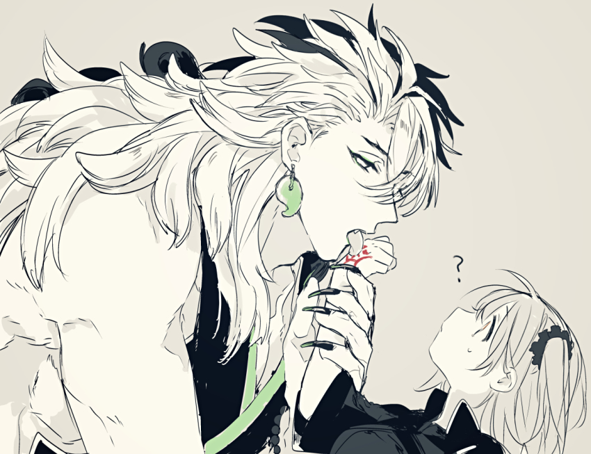 1boy, 1girl, ?, alternate_hairstyle, ashiya_douman_(fate), ashiya_douman_(second_ascension)_(fate), asymmetrical_hair, black_eyes