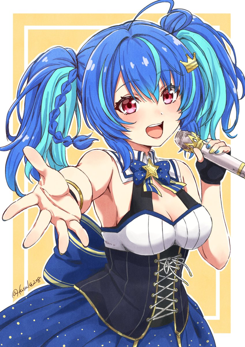 1girl, absurdres, ahoge, blue_bow, blue_bowtie, blue_dress, blue_hair, blush, bow, bowtie, braid, breasts, cowboy_shot, crown, dress, fuusuke_(fusuke208), hair_between_eyes, hair_ornament, hairpin, heart, heart_ahoge, highres, holding, holding_microphone, mair_(alive_musix), idol, light_blue_hair, looking_at_viewer, medium_breasts, microphone, multicolored_hair, music, open_mouth, outstretched_hand, red_eyes, simple_background, singing, sleeveless, smile, solo, twintails, twitter_username, two-tone_hair, virtual_youtuber, yellow_background, yumemizaka_gakuin