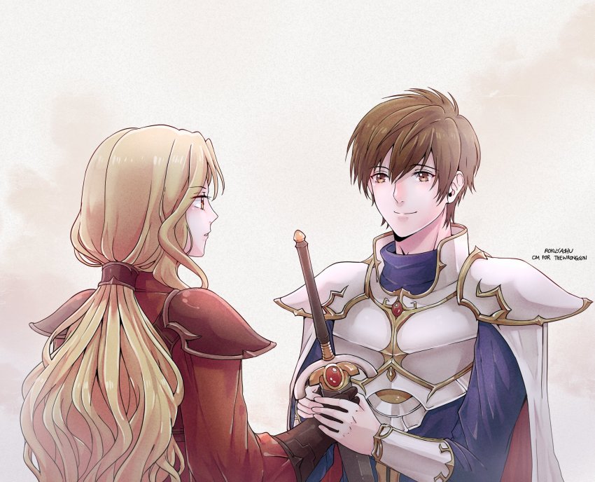 1boy, 1girl, armor, blonde_hair, brigid_(fire_emblem), brown_hair, cape, eyvel_(fire_emblem)
