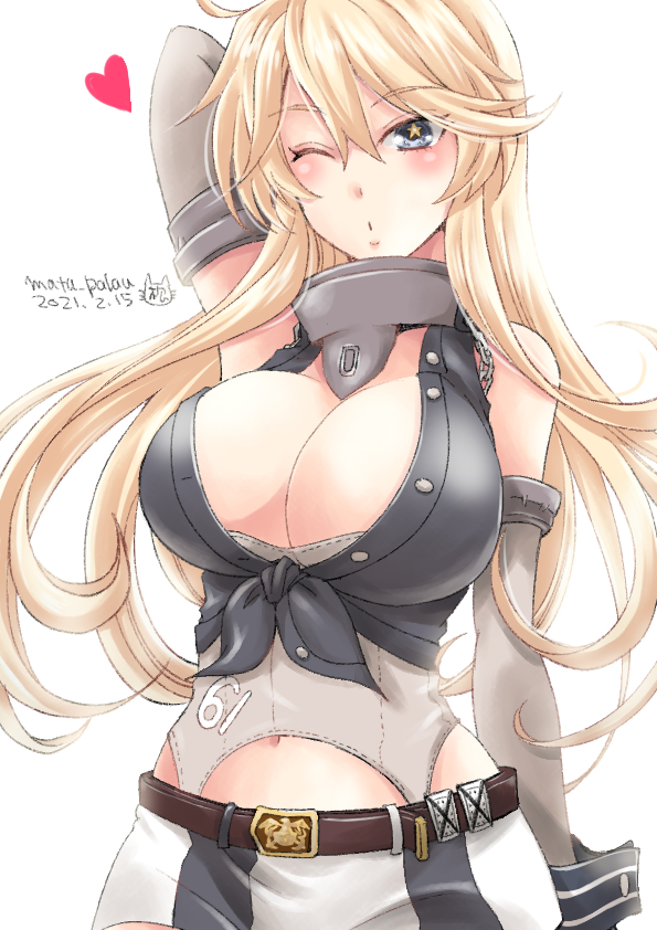 1girl, arm_behind_head, belt, blonde_hair, blue_eyes, breasts, brown_belt, cleavage, dated, elbow_gloves, front-tie_top, gloves, heart, iowa_(kancolle), kantai_collection, large_breasts, matsuura@parao, miniskirt, navel, one-hour_drawing_challenge, one_eye_closed, signature, skirt, solo, star-shaped_pupils, star_(symbol), striped_clothes, striped_skirt, symbol-shaped_pupils, vertical-striped_clothes, vertical-striped_skirt, white_background, wrist_cuffs