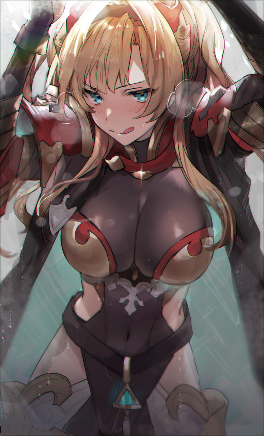 1girl, armor, black_legwear, blonde_hair, blue_eyes, blush, bodysuit, braid, breasts, cleavage, doushite, granblue_fantasy, hair_intakes, hair_ornament, hairband, highres, large_breasts, long_hair, looking_at_viewer, navel, simple_background, smile, solo, twintails, zeta_(granblue_fantasy)