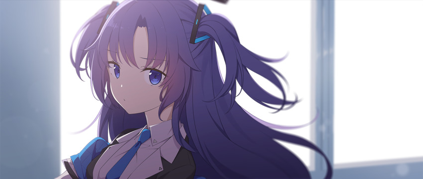 1girl, anime_coloring, black_jacket, blazer, blue_archive, blue_eyes, blue_hair, blue_necktie, blurry, closed_mouth, collared_shirt, depth_of_field, jacket, lapels, long_hair, necktie, parted_bangs, portrait, shirt, solo, tagme, two_side_up, white_shirt, window, yotsuba_haru, yuuka_(blue_archive)