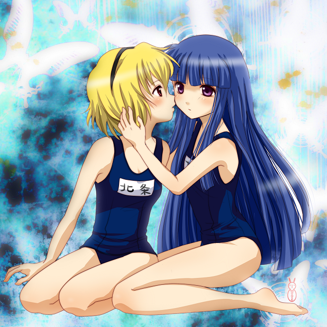 00s, 2girls, bad_id, bad_pixiv_id, barefoot, blonde_hair, blue_hair, blush