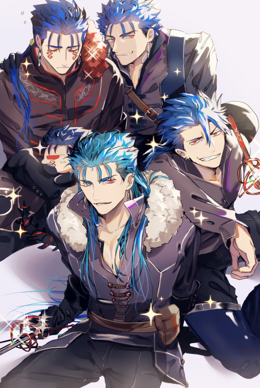 1other, 4boys, absurdres, alternate_costume, bag, blue_hair, chibi, closed_eyes, closed_mouth, collarbone, cu_chulainn_(caster)_(fate), cu_chulainn_(caster)_(the_musketeers)_(fate), cu_chulainn_(fate), cu_chulainn_(fate/prototype), cu_chulainn_(lancer)_(fate), cu_chulainn_(the_musketeers)_(fate/prototype), cu_chulainn_(the_musketeers)_(fate/stay_night), cu_chulainn_alter_(fate), cu_chulainn_alter_(fate/grand_order), cu_chulainn_alter_(the_musketeers)_(fate), earrings, facepaint, fate/grand_order, fate/prototype, fate_(series), fur-trimmed_shirt, fur_trim, grin, highres, holding, holding_sword, holding_weapon, jewelry, long_hair, long_sleeves, looking_at_viewer, mini_cu-chan_(fate), multiple_boys, multiple_piercings, one_eye_closed, open_mouth, pants, ponytail, popped_collar, rapier, red_eyes, satchel, shirt, short_hair, smile, sparkle, spiked_hair, strap, sword, the_musketeers_(fate/grand_order), weapon, yuu_(guruko)