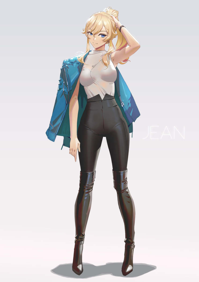 1girl, accessories, alternate_costume, text_background, black_footwear, black_pants, blonde_hair, blue_eyes, blue_jacket, boots, cross, cross_earrings, earrings, genshin_impact, gold_earrings, hand_in_own_hair, hand_on_head, high-waist_pants, high_heel_boots, high_heels, highres, jacket, jacket_on_shoulders, jean_(genshin_impact), jewelry, jojaow, knee_boots, leather, leather_jacket, long_hair, pants, ponytail, shadow, shirt, simple_background, sleeveless, standing, tank_top, thigh_boots, thighhighs, watch, white_background, white_shirt, white_tank_top, wristwatch