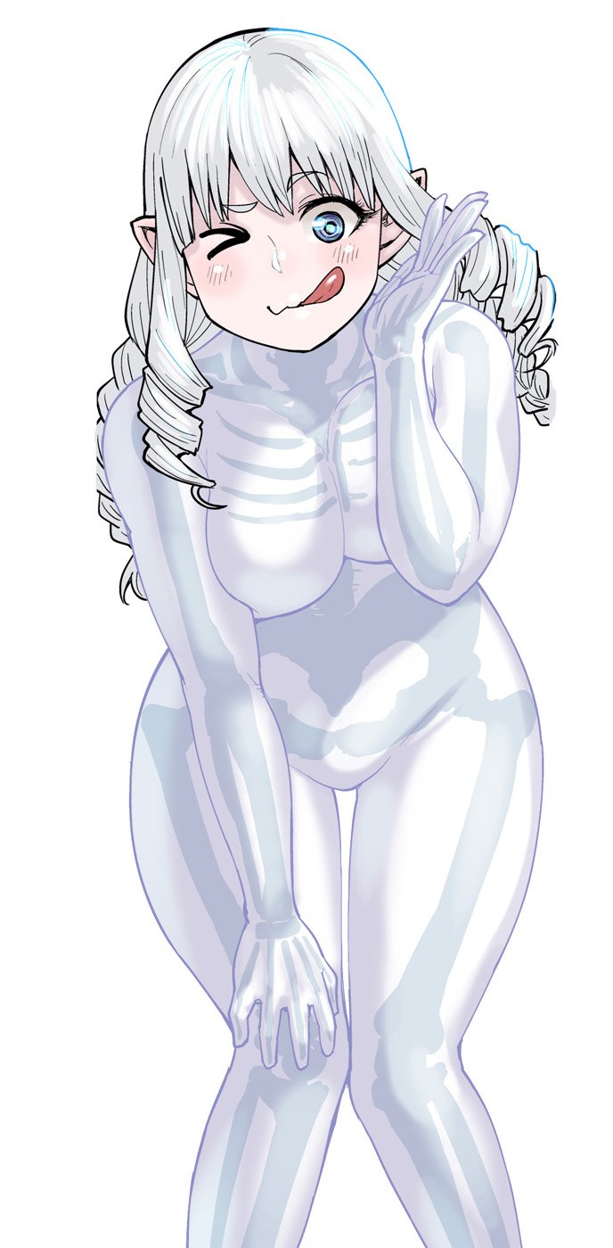 1girl, arm_up, belly, blue_eyes, bodysuit, breasts, commentary_request, drill_hair