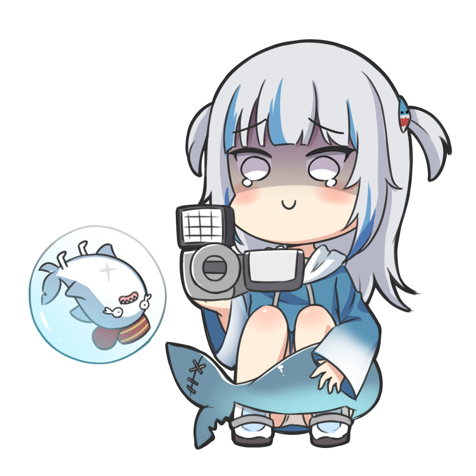 1girl, blank_eyes, bloop_(gawr_gura), blue_hair, blue_hoodie, blush, closed_mouth, fins
