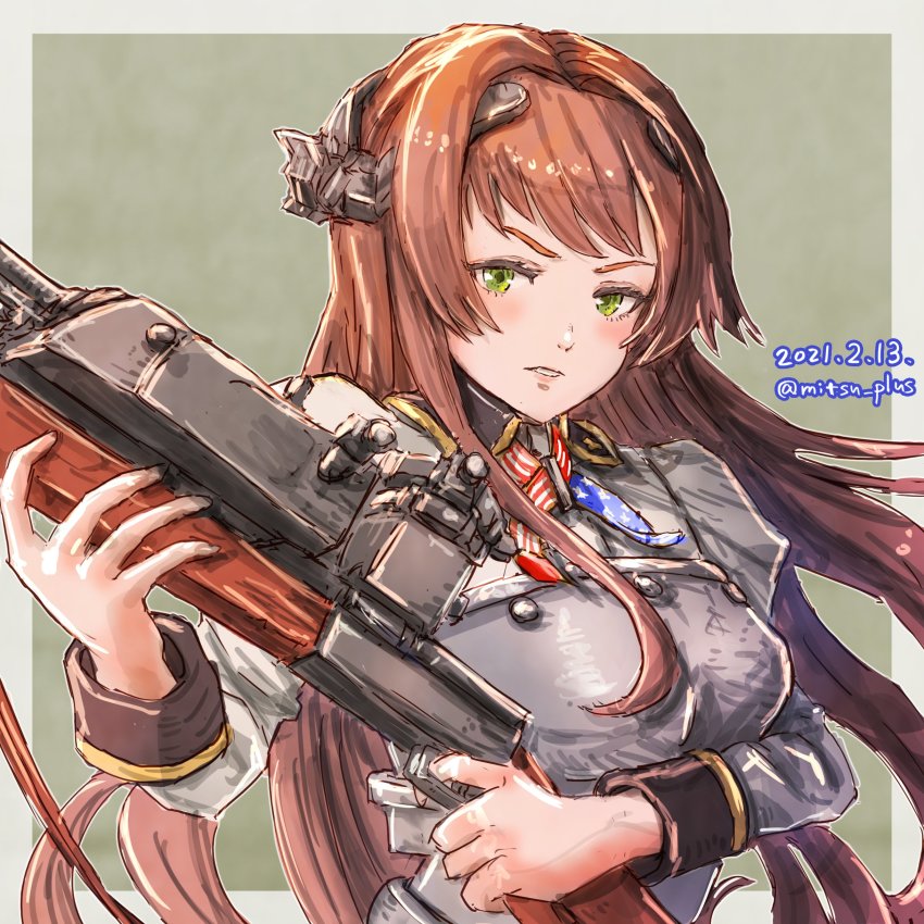 1girl, absurdres, american_flag, armor, blunt_bangs, breastplate, brown_hair, browning_auto_5