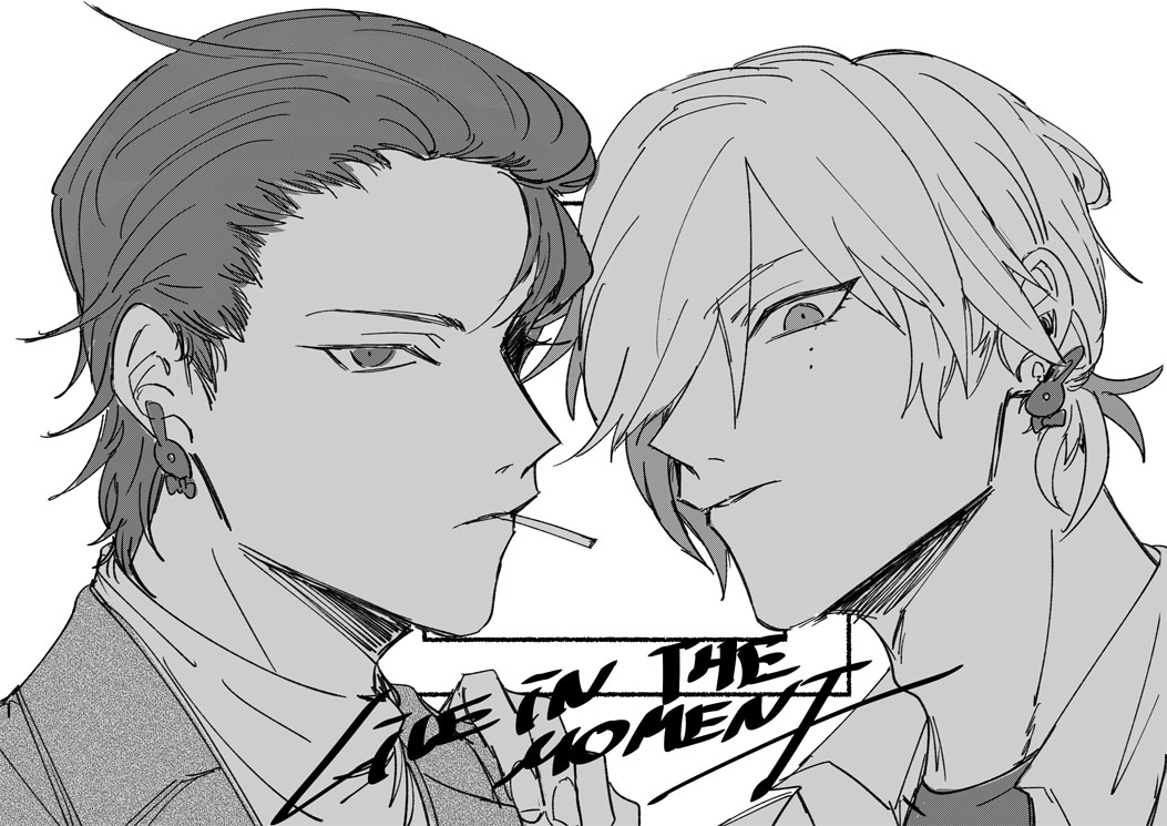 2boys, cigarette, closed_mouth, ear_piercing, greyscale, hand_on_another's_shoulder, jacket, looking_at_viewer