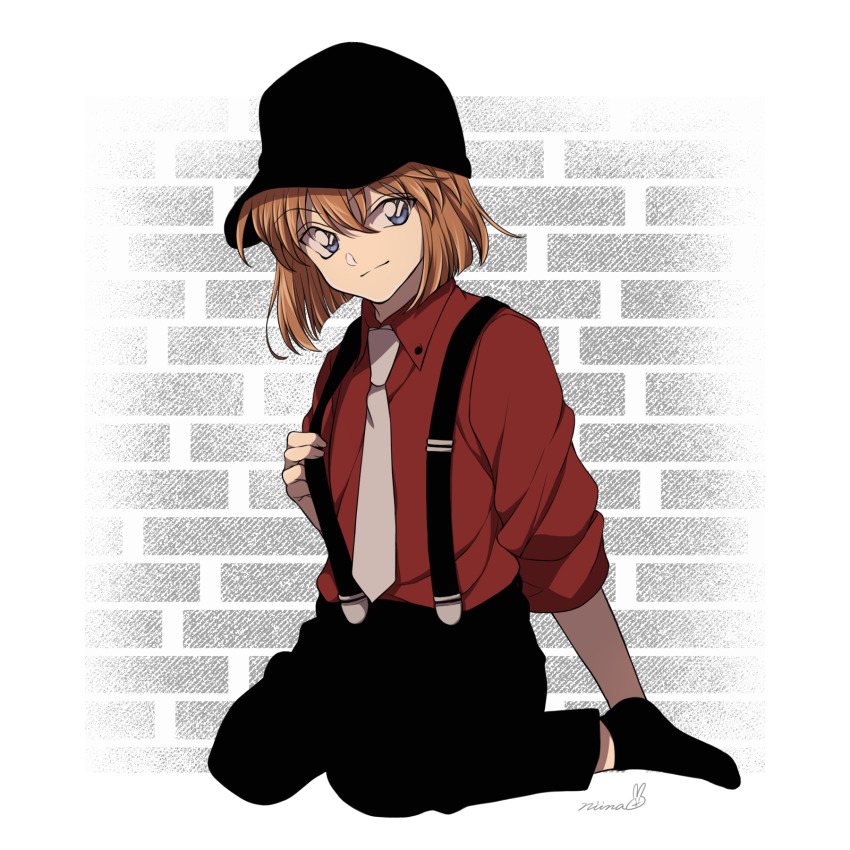 1girl, alternate_costume, black_hat, black_pants, black_socks, blue_eyes, brick_wall, brown_hair