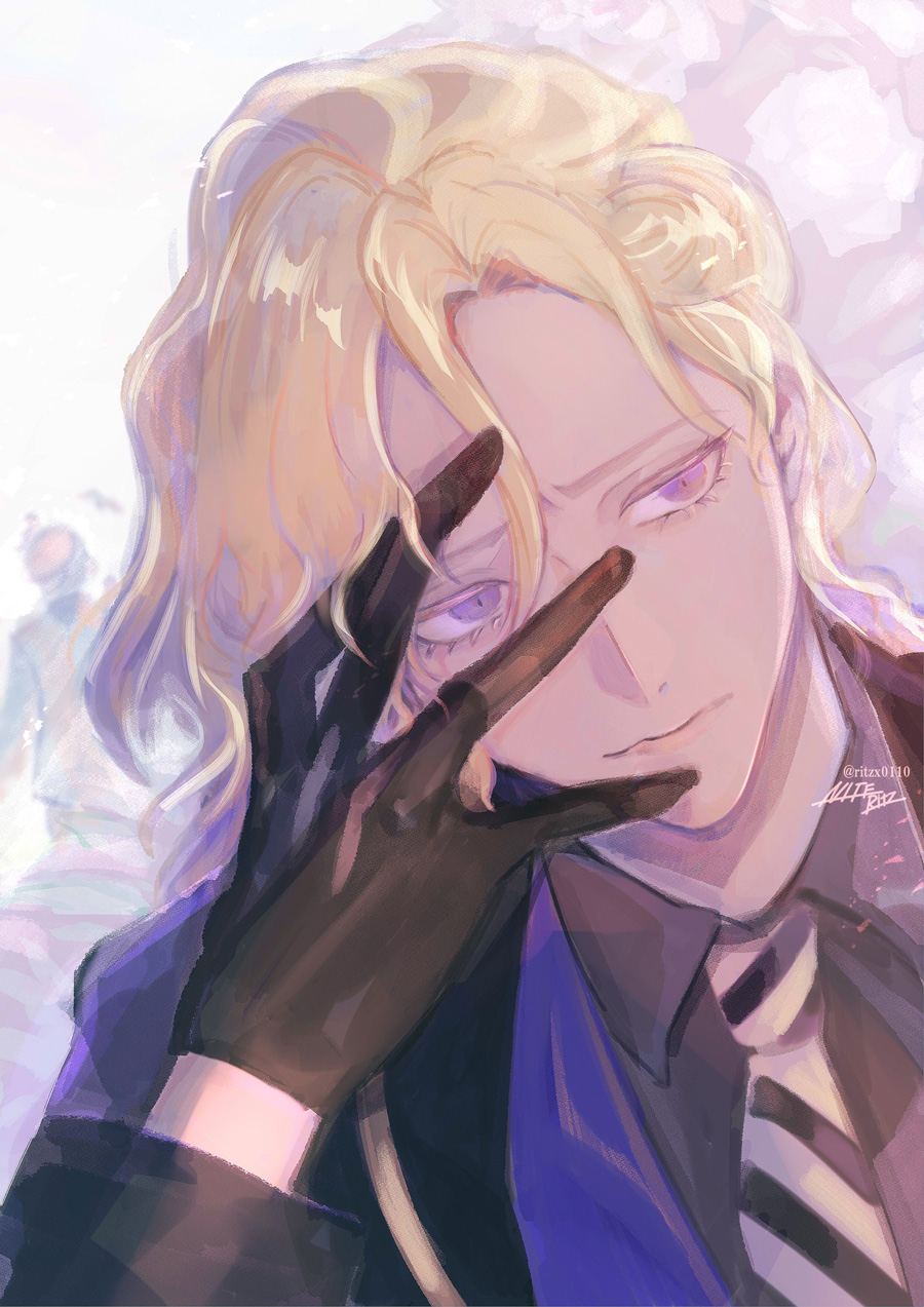 2boys, black_gloves, black_jacket, black_neckwear, black_shirt, black_suit, blonde_hair, closed_mouth