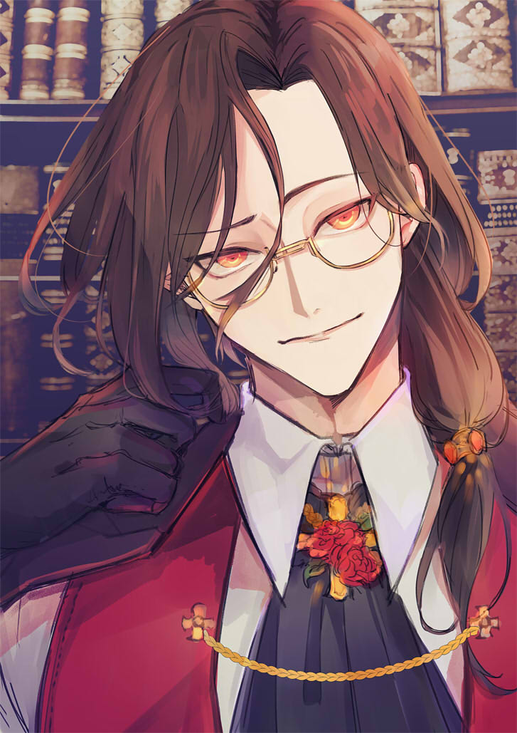 1boy, black_gloves, black_hair, black_neckwear, closed_mouth, facing_viewer, glasses, gloves