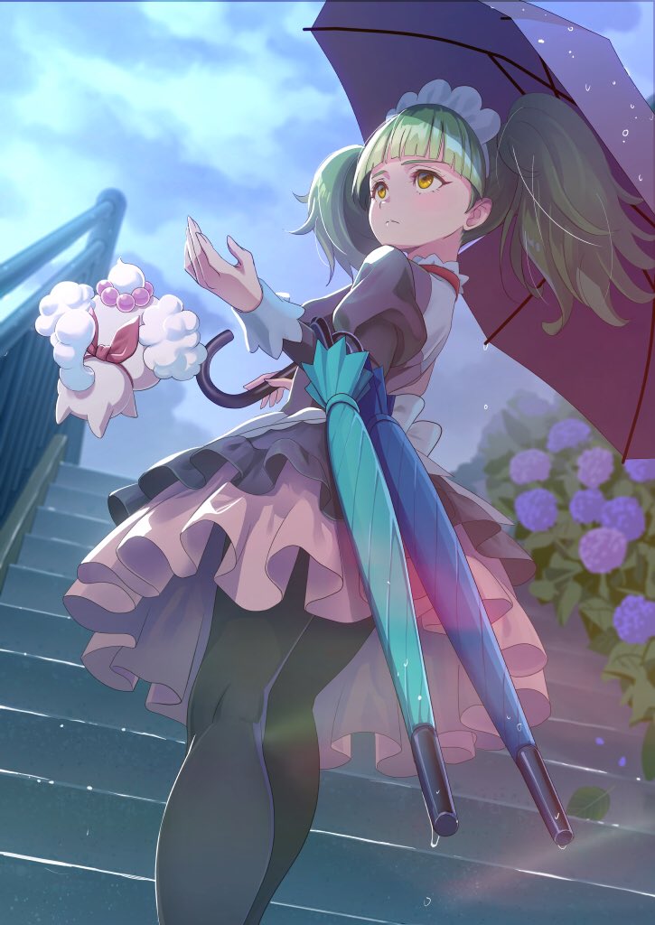 1girl, after_rain, apron, biburi_(precure), black_dress, black_pantyhose, blunt_bangs, blush, camembert_chizuko, closed_umbrella, cloud, cloudy_sky, cowboy_shot, dress, dutch_angle, fence, flower, frilled_apron, frilled_hairband, frills, from_behind, gothic_lolita, hairband, holding, holding_umbrella, hydrangea, juliet_sleeves, kirakira_precure_a_la_mode, light_green_hair, lolita_fashion, long_hair, long_sleeves, looking_away, outdoors, pantyhose, pekorin_(precure), precure, puffy_sleeves, sky, stairs, twintails, umbrella, waist_apron, water_drop, white_apron, yellow_eyes